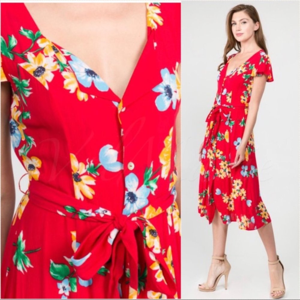 Boutique Red Floral Ruffle Sleeve Midi Dress
